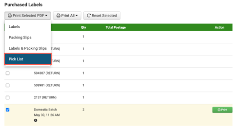 Print selected PDF button with Pick List selected