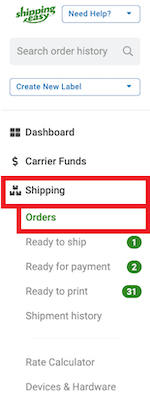 Boxes highlight Shipping, then Orders tab in the navigation bar