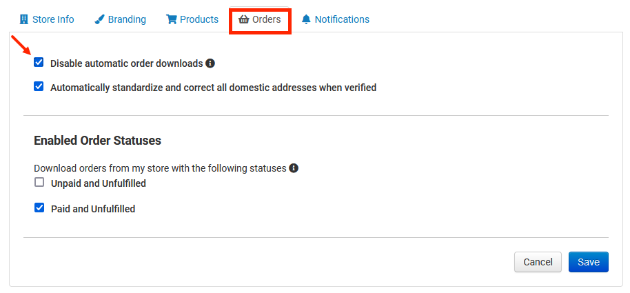 Disable automatic order downloads on Orders tab of Stores & Orders page