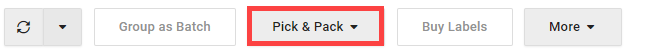 Action menu with Pick & Pack button selected