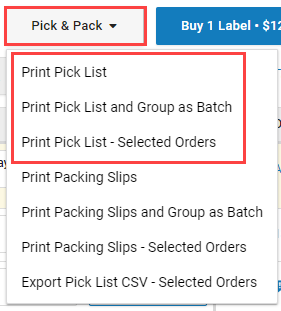 Pick & Pack menu opened with Print Pick List options highlighted