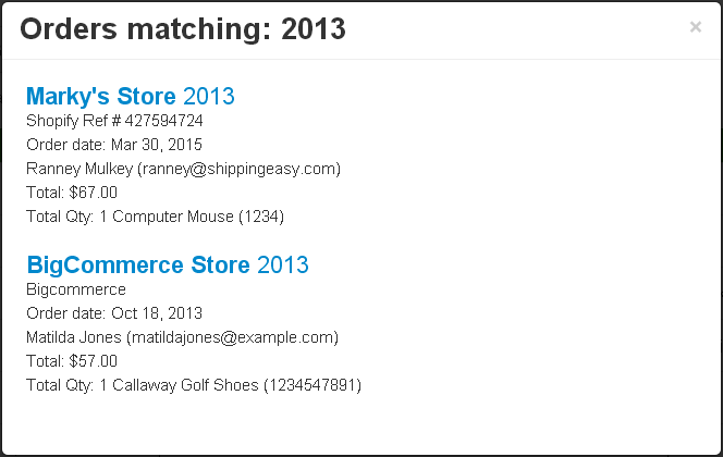Global Search popup. Shows matching results for 2 stores
