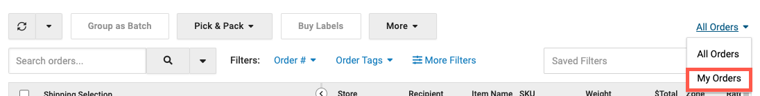 My Orders menu expanded on Orders page to show My Orders highlighted