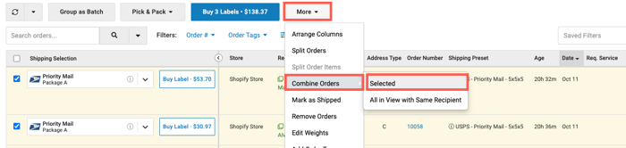 Select the orders then click More > Combine > Selected.