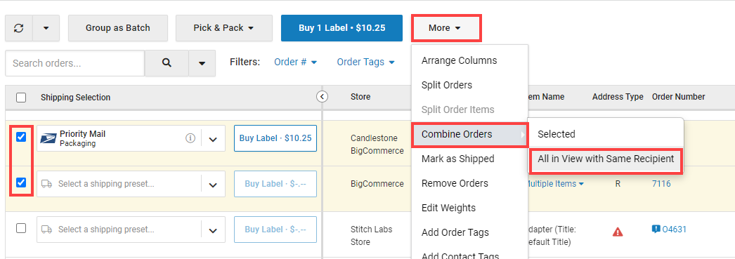 Expand the ​More​​ menu, select the ​Combine Orders​​ option, and click ​All with Same Recipient​​.
