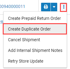 Box highlights Create Duplicate Shipment option in Actions dropdown menu.