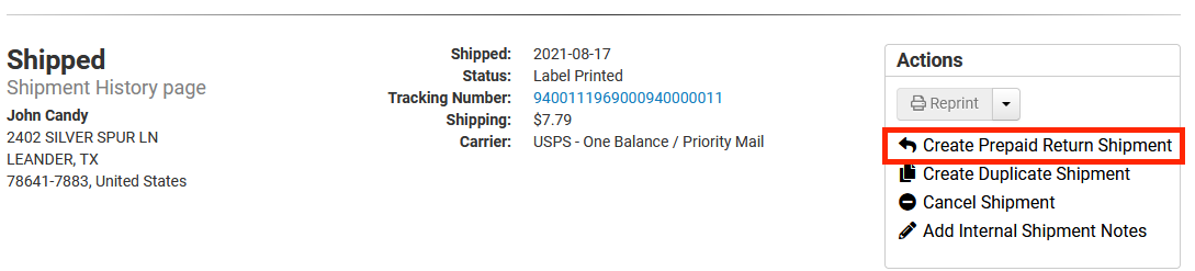 Box highlights ​Create Prepaid Return Shipment​​ option listed in the Actions box