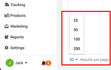 Shows dropdown menu to choose default number of shipments displayed.