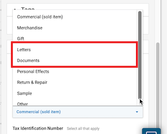 Order details that show Letters and Documents marked in the package content type dropdown.