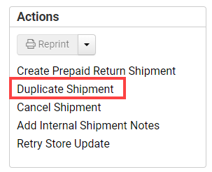 Box highlights Create Duplicate Shipment option in Actions menu