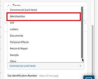 Order details that show Merchandise marked in the package content type dropdown.