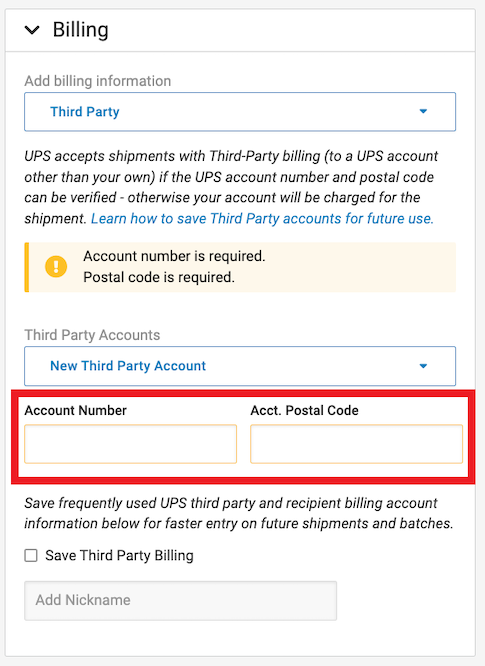 The billing section shows the Third Party details marked that are required: Account Number and Acct. Postal Code.