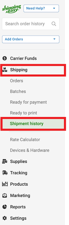 ShippingEasy navigation sidebar with Shipments then Shipment History selected