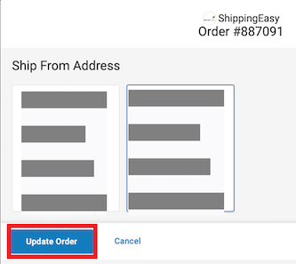 The Ship From Addresses modal with the Update Order button marked.