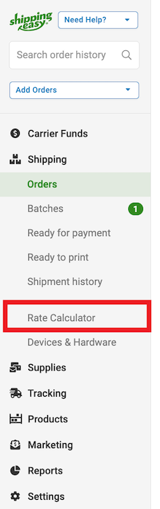 Box highlights Rate calculator in the navigation bar