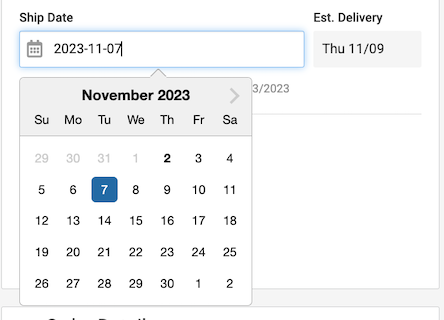 The order details slide out shows the Ship date calendar and the estimated delivery date.