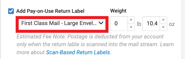 The service dropdown is marked for pay on use return labels.
