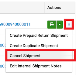 Shipment History order action dropdown with cancel shipment marked