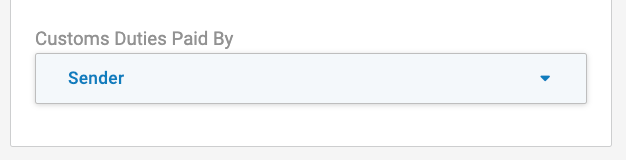 The Custom Duties Payor drop-down menu is expanded with Sender selected