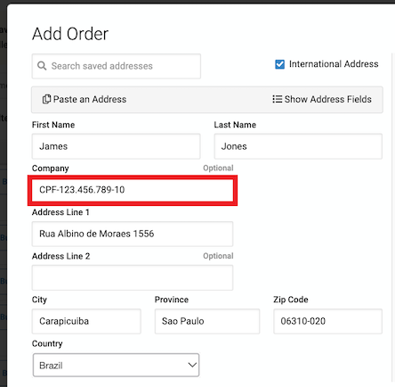 Add manual order popup. Box highlights Company Field with International Brazil Tax #, no designation