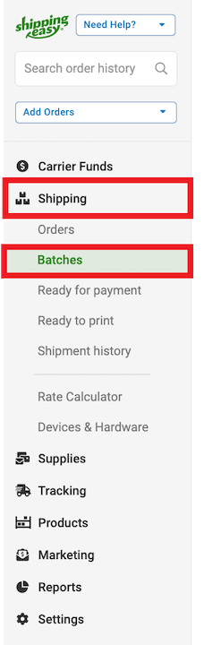 Side navigation bar. Boxes highlight Shipping, then Batches options.