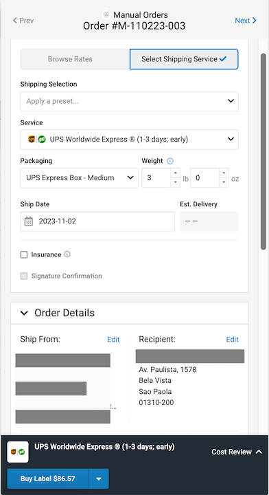 The Shipment section shows the international shipment configured with a carrier and service, a flat rate package selected and a rate for the order.