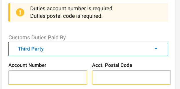 Third party is selected for the customs duties paid by option. The account number and account postal code fields need to be filled out.