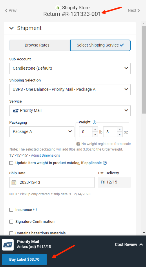Return label on orders page with order details showing and button to buy label highlighted