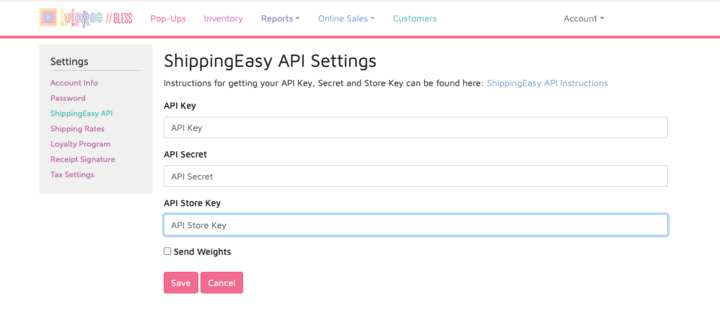 LuLaRoe ShippingEasy API Settings page with API fields highlighted