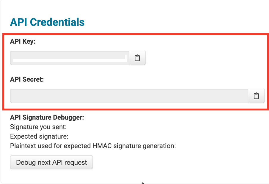 On API credentials page, Copy API Key icon marked