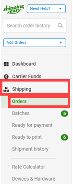 Boxes highlight Shipping, then Orders tab in the navigation bar