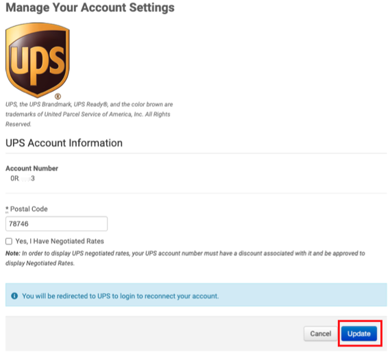 UPS Manage Account Setting popup. Box highlights Update button