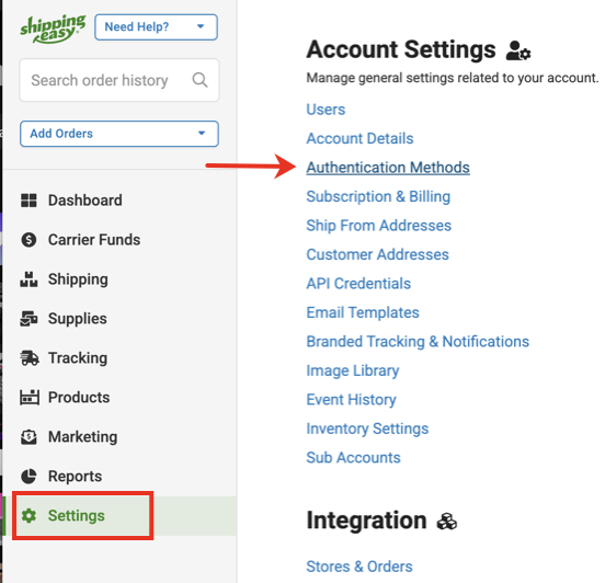 ShippingEasy side navigation. Settings and Authentication methods shown
