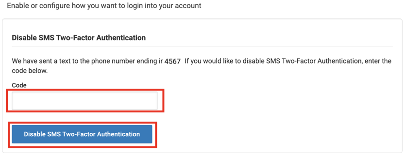 Disable-SMS two-factor-Authenticatin button shown for Step 2