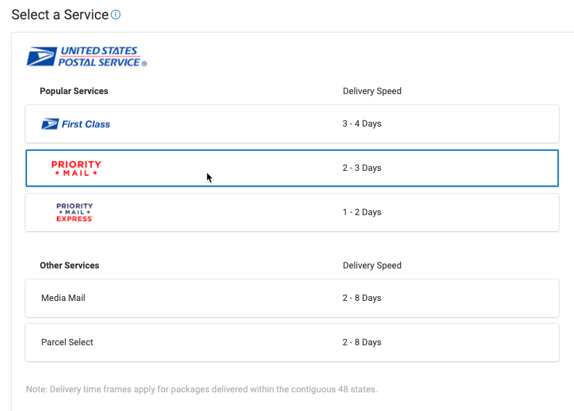 Select a Service page with USPS open and Priority Mail selected