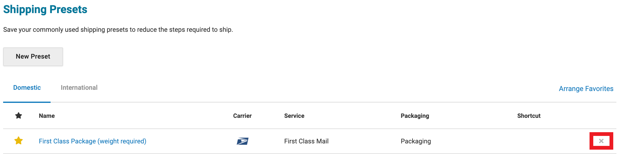 Delete button marked on Shipping Presets page