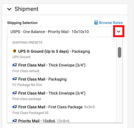 Shipping Selection menu open showing the available presets