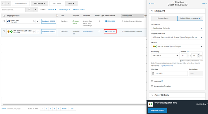 Order Details page with the Order Slide Out open