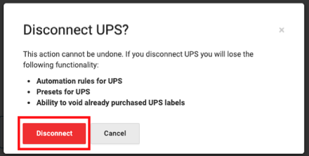 Disconnect UPS popup. Box highlights Disconnect button