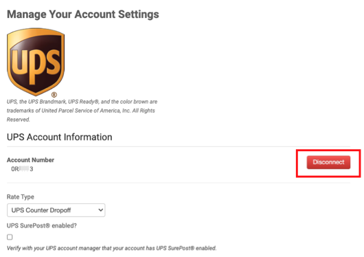 Manage ­Your account Settings page. Box highlights Disconnect button
