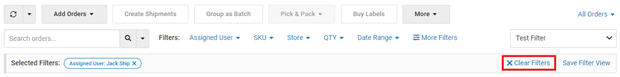 The ORDERS page header is displayed with the Clear Filters link highlighted in the Selected Filters field.
