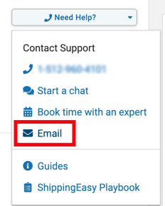 Help Dropdown Menu. Red box highlights Email option