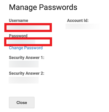 The Stamps.com Manage Passwords screen is displayed with the username and password fields highlighted.