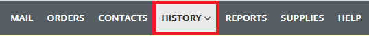 The stamps.com navigation bar with the History tab highlighted.