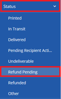 STamps.com sub-navigation menu is displayed with the Status link expanded and Refund Pending highlighted.