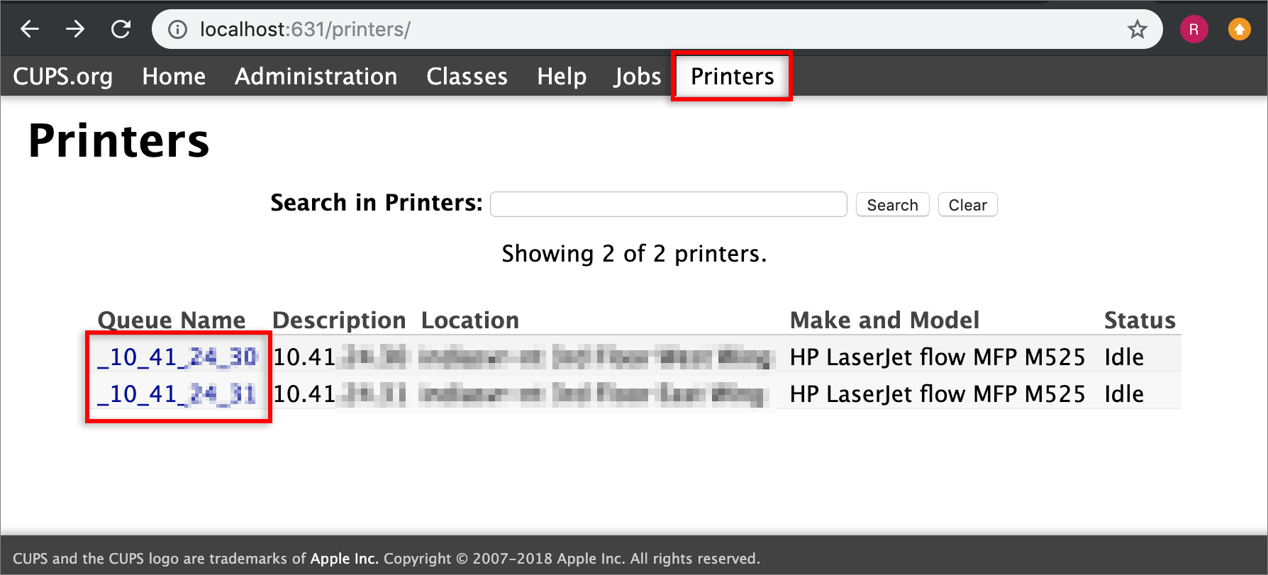 The CUPS printers list is displayed
