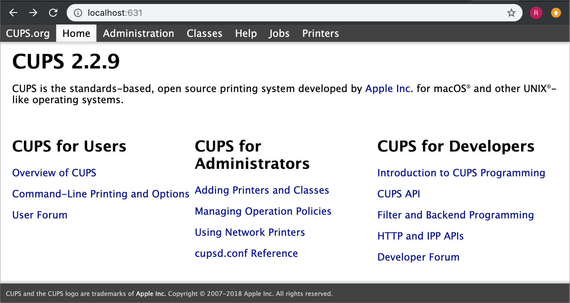 The CUPS homepage is displayed in safari