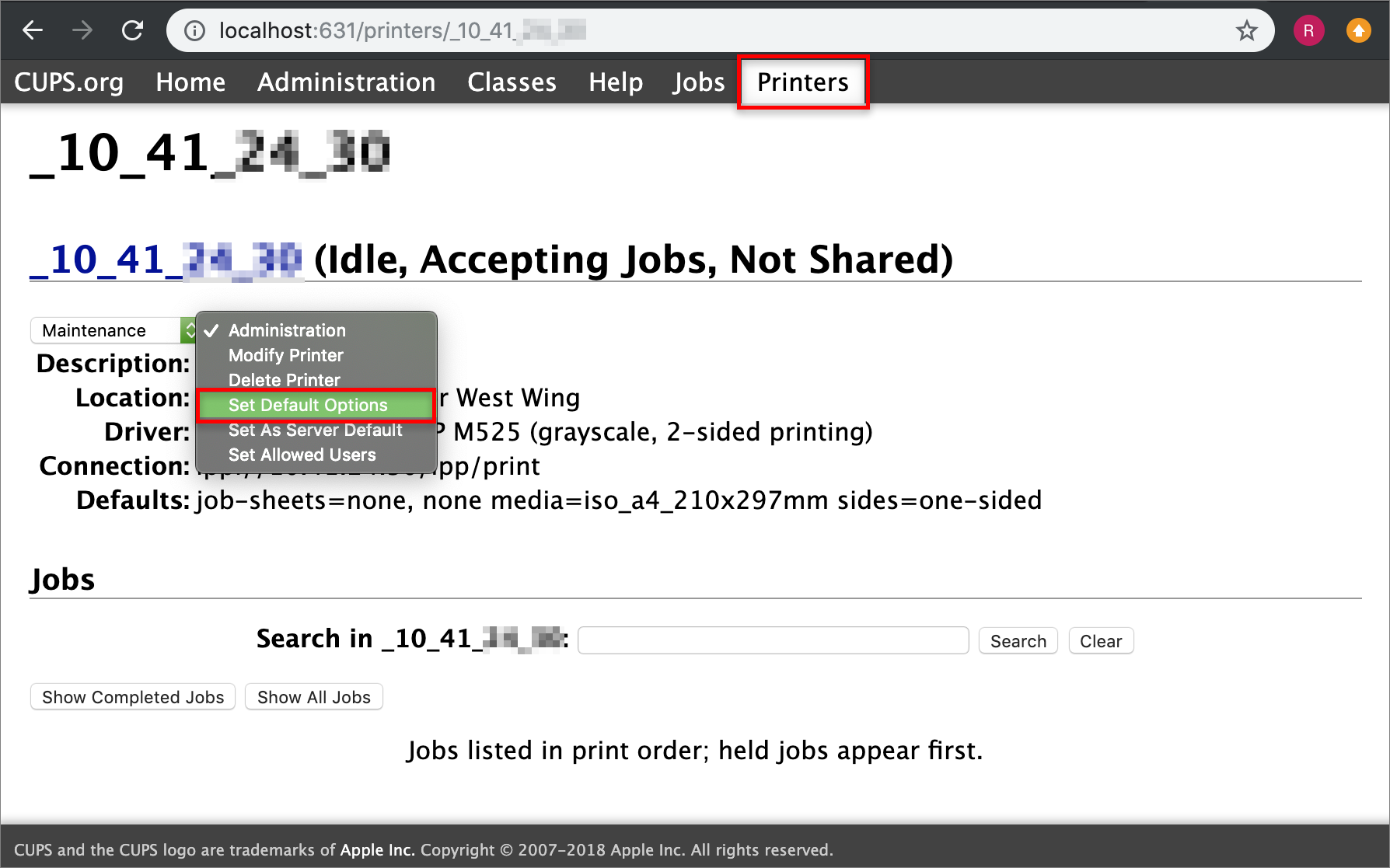 The CUPS admin drop-down list is displayed and Set Default Options is selected.