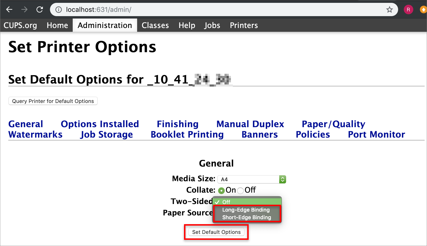 Set printer options is displayed and Off is selected
