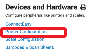Devices and hardware screen with printer configuration option highlighted.